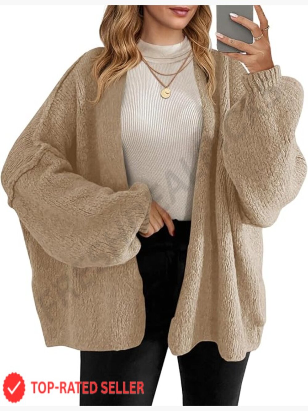 Oversized Cardigan Chunky Knit Open Front Lantern Sleeve Casual Sweater Coat